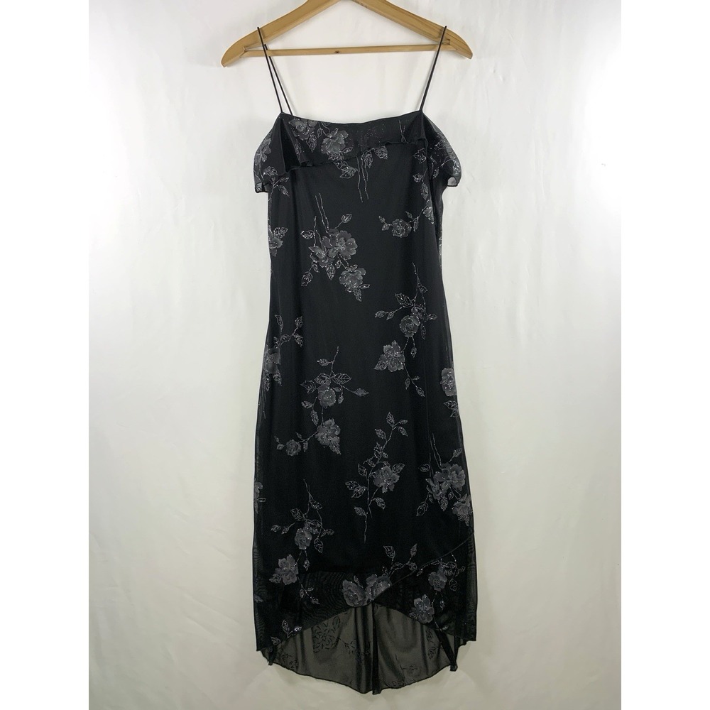 VTG 90s Y2K Floral Glitter Fairy Midi Slip Dress Size S/M High Low Hem Mesh USA